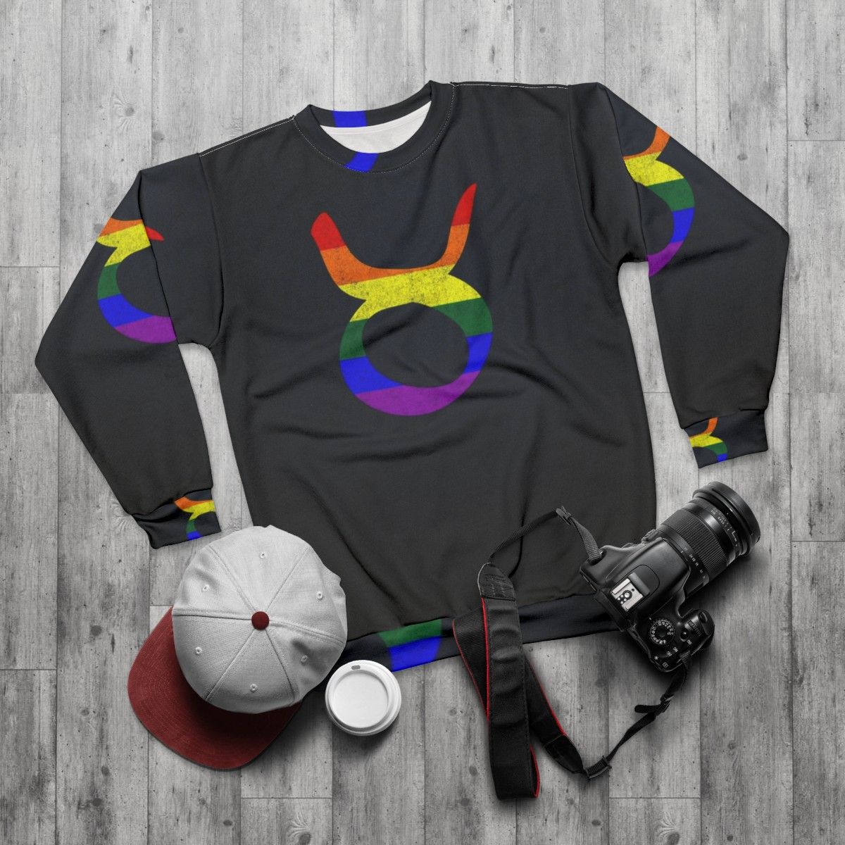 Taurus zodiac LGBTQ pride flag sweatshirt - flat lay