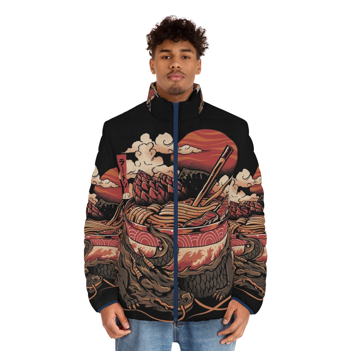 Model wearing a puffer jacket with a dragon and ramen bowl design, focus keyword: dragon ramen puffer jacket - men front