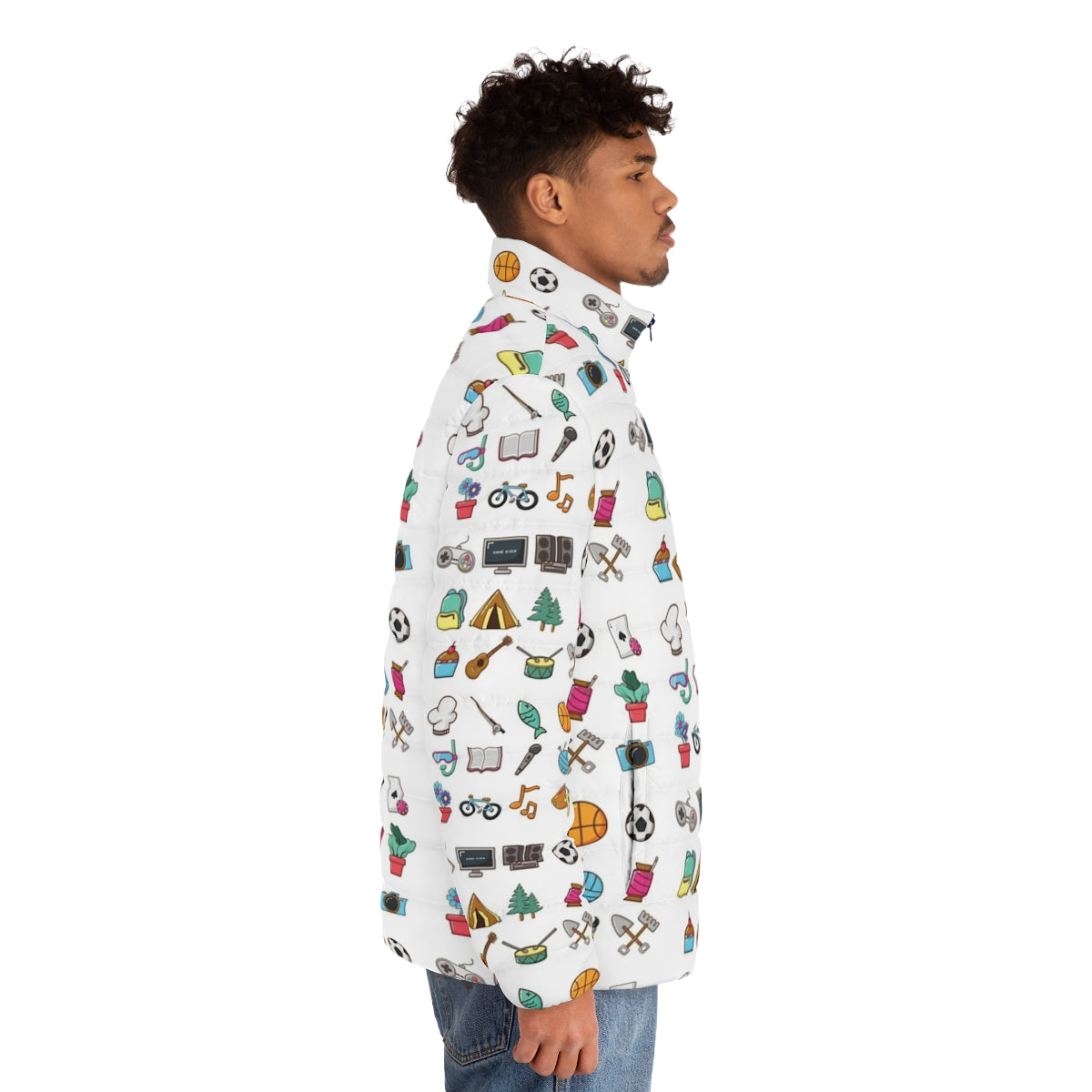 Hobbies Sticker Pack Puffer Jacket featuring icons for various hobbies like music, travel, food, reading, yoga, and more - men side right