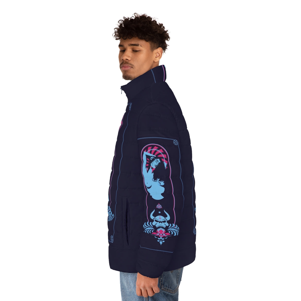 Satanic puffer jacket with occult and esoteric imagery - men side left