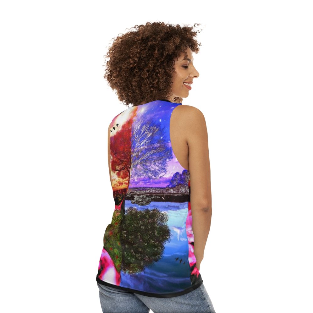 Four seasons tree reflection unisex tank top - women back