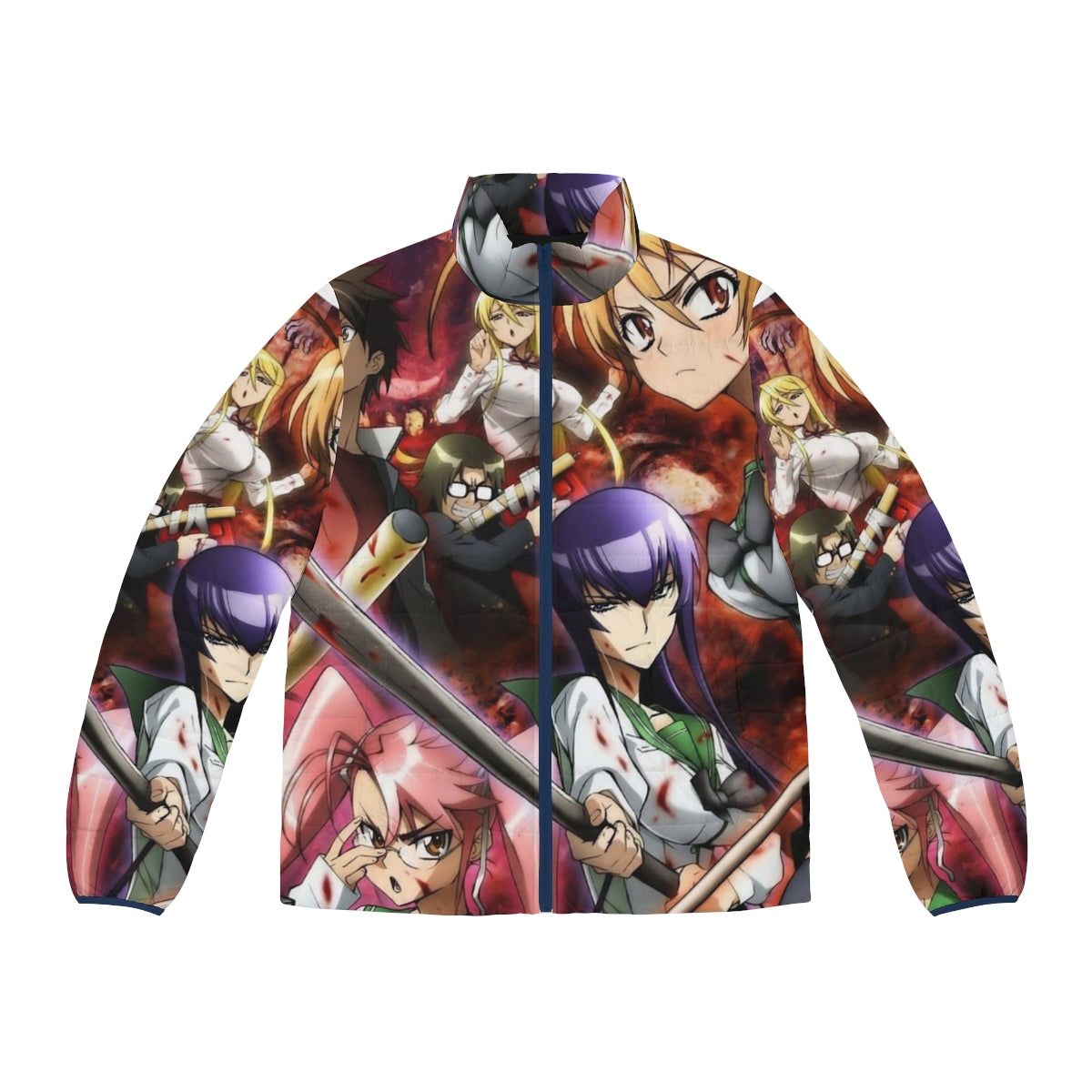 High School Of The Dead 3 Anime Puffer Jacket with characters Takashi Komuro, Saeko Busujima, Kouta Hirano, Rei Miyamoto, Saya Takagi, Shizuka Marikawa, and Alice Maresato