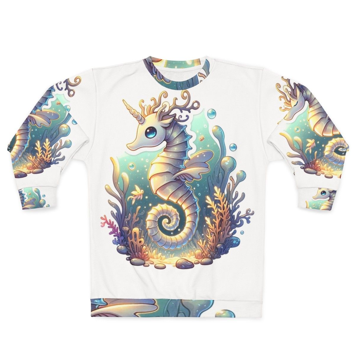 Legendary fantasy seahorse and deer graphic on a sweatshirt