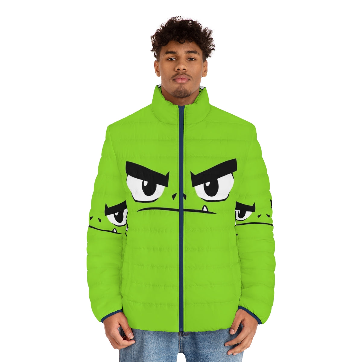 Beast Boy-inspired puffer jacket with a fierce, green monster design - men front