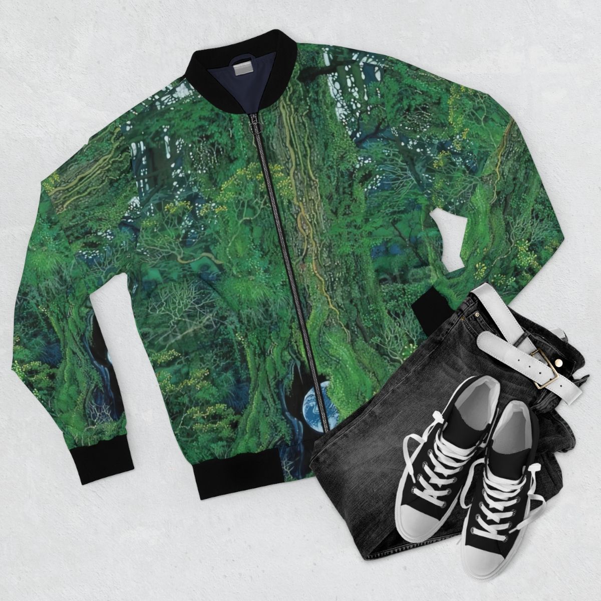 Hiroo Isono's detailed watercolor painting of a forest scene, featuring a bomber jacket design - Flat lay