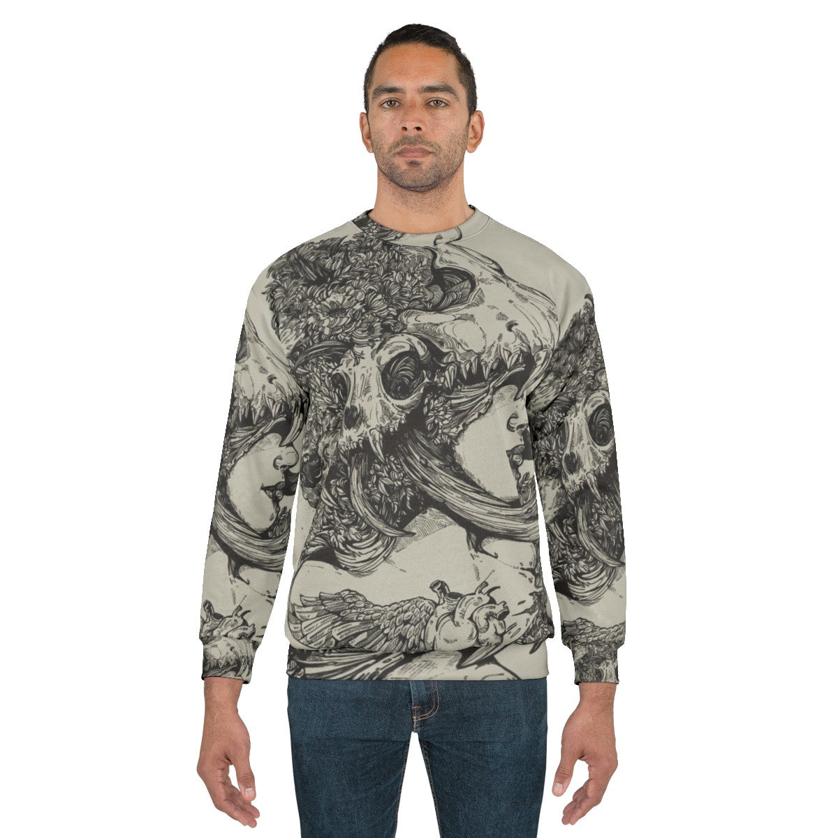 Edgy Girl Sweatshirt featuring an ink skull and wolf antlers design - men