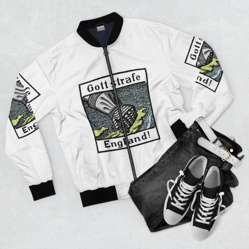 Patriotic German bomber jacket with "Gott strafe England!" text - Flat lay