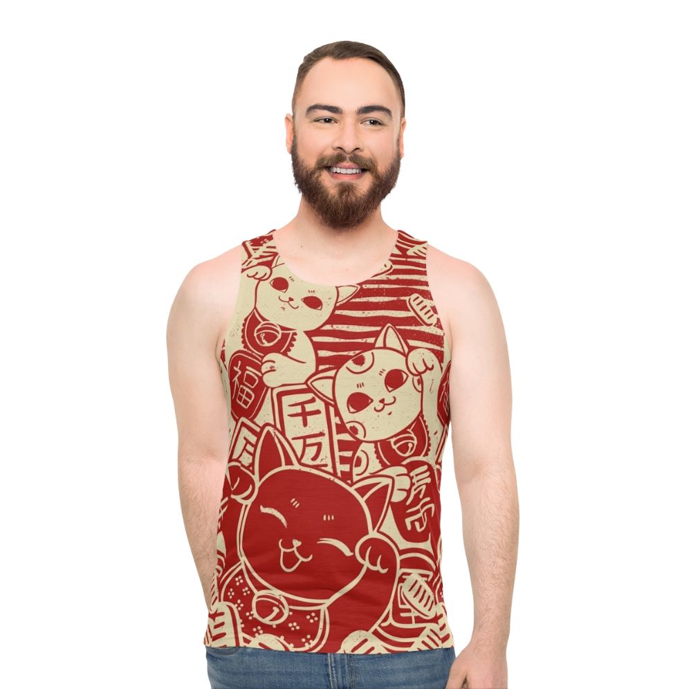 Maneki Neko inspired unisex tank top with kawaii cat design - men