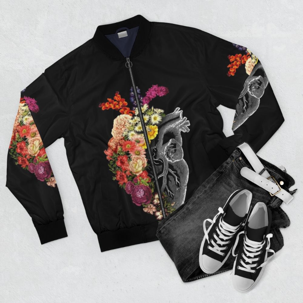 Flower Heart Spring Bomber Jacket featuring an anatomical heart design with floral elements. - Flat lay