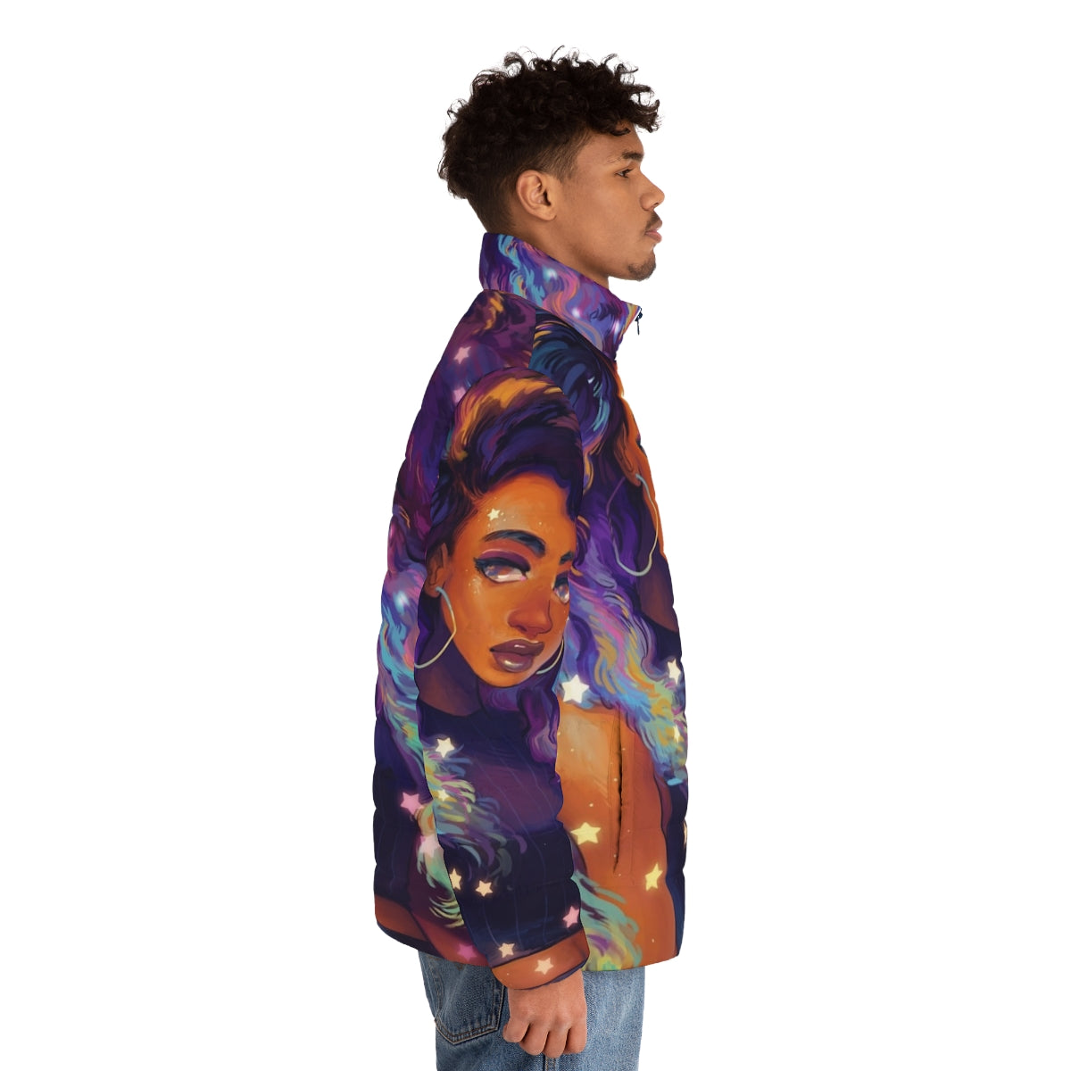 A black puffer jacket with a nebula and galaxy design, perfect for exploring the cosmos. - men side right