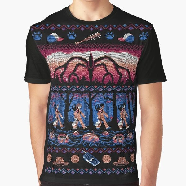 Stranger Things graphic t-shirt featuring a holiday sweater design with the Mind Flayer, Hawkins, and characters from the Netflix series.