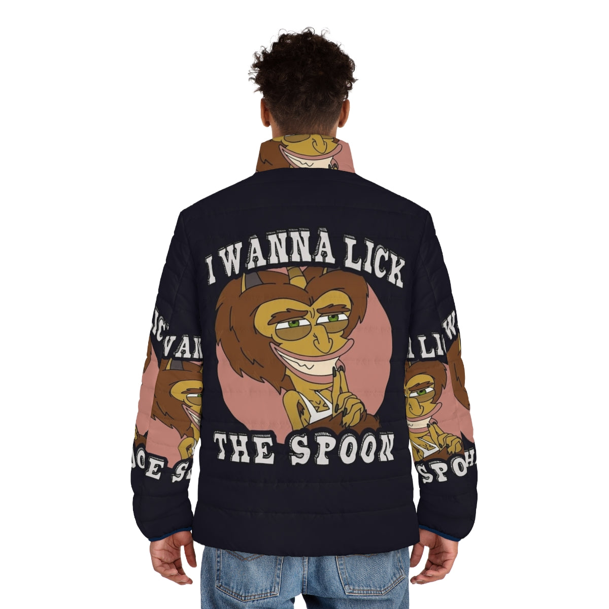 Big Mouth "I Wanna Lick the Spoon" Puffer Jacket featuring the Hormone Monster - men back