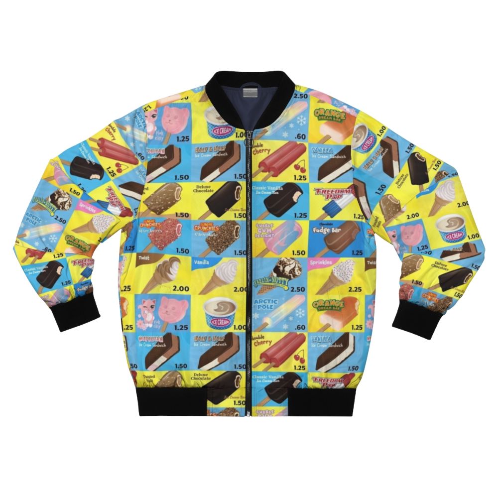 Vintage-inspired ice cream truck bomber jacket with colorful ice cream themed graphics