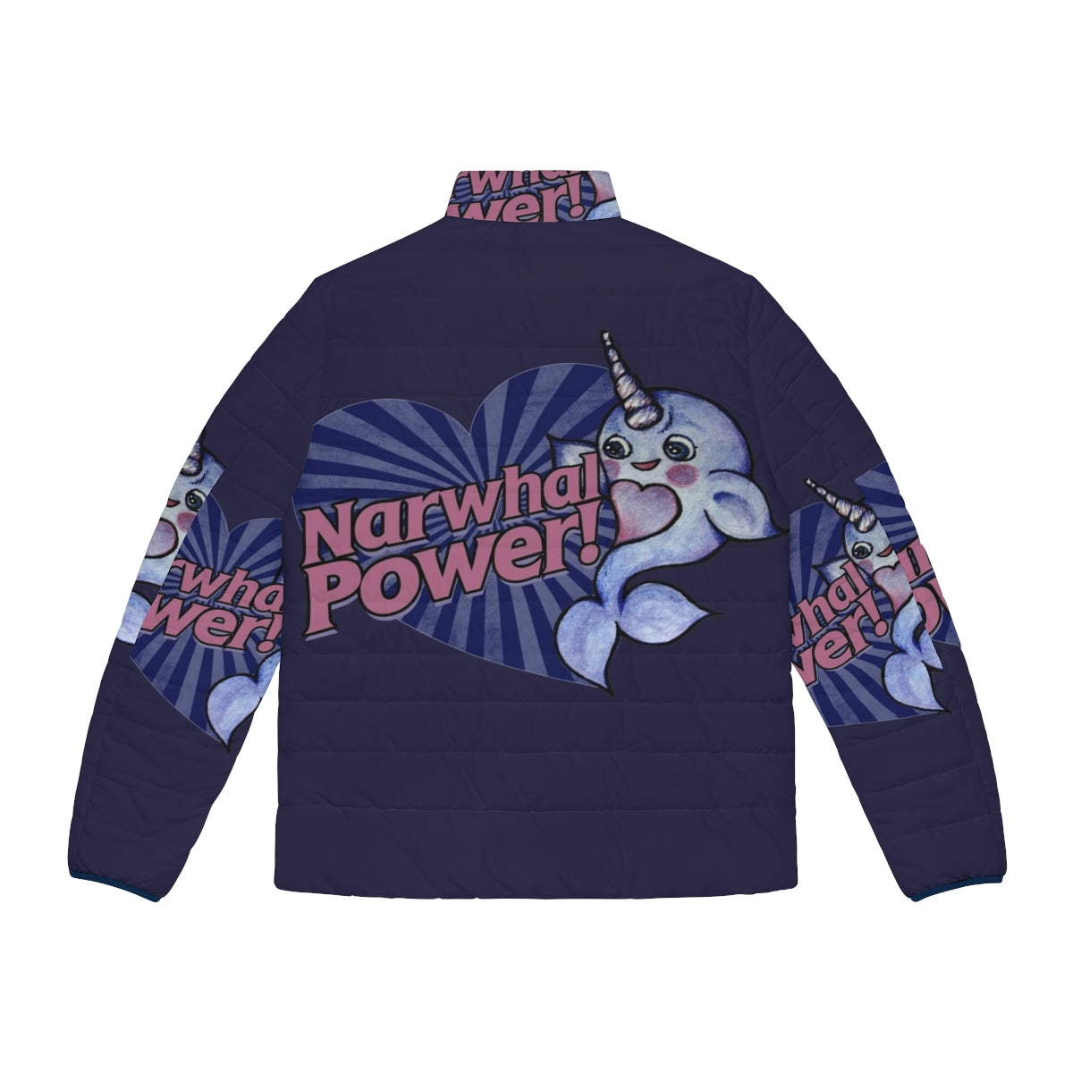 A cozy and stylish narwhal power puffer jacket in blue and purple - Back