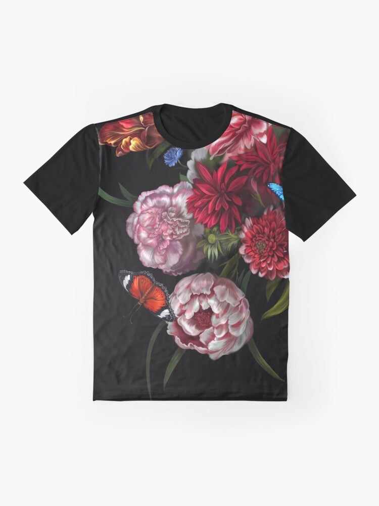 Surreal graphic tee with a glitched, floral paradise design - Flat lay