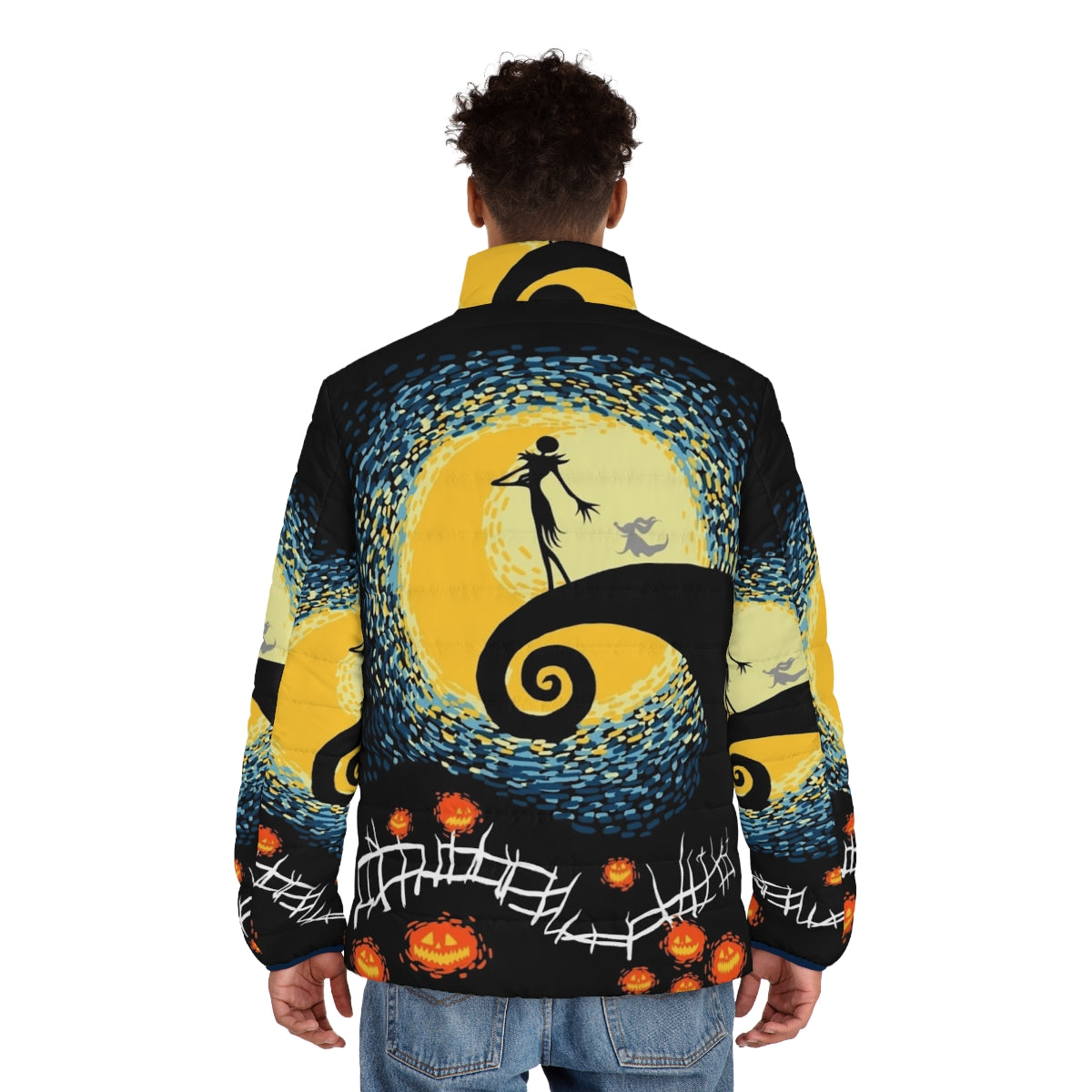 Starry Night Puffer Jacket featuring Jack Skellington and Sally from Nightmare Before Christmas - men back