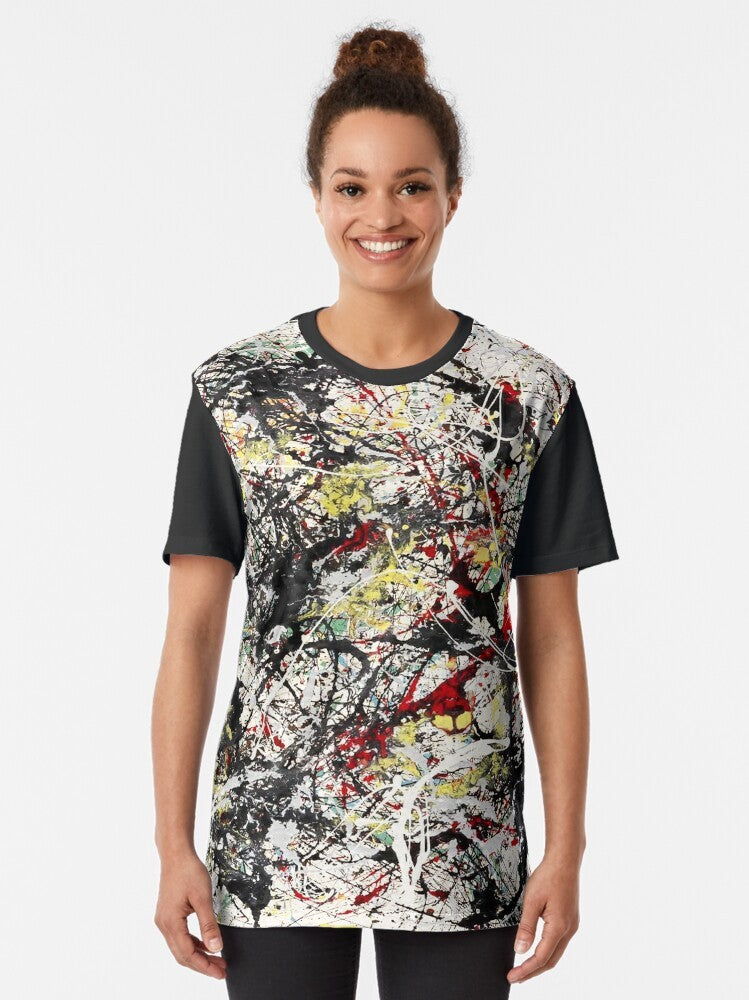 Vibrant abstract art t-shirt featuring the iconic paintings of Jackson Pollock, the renowned abstract expressionist artist. - Women