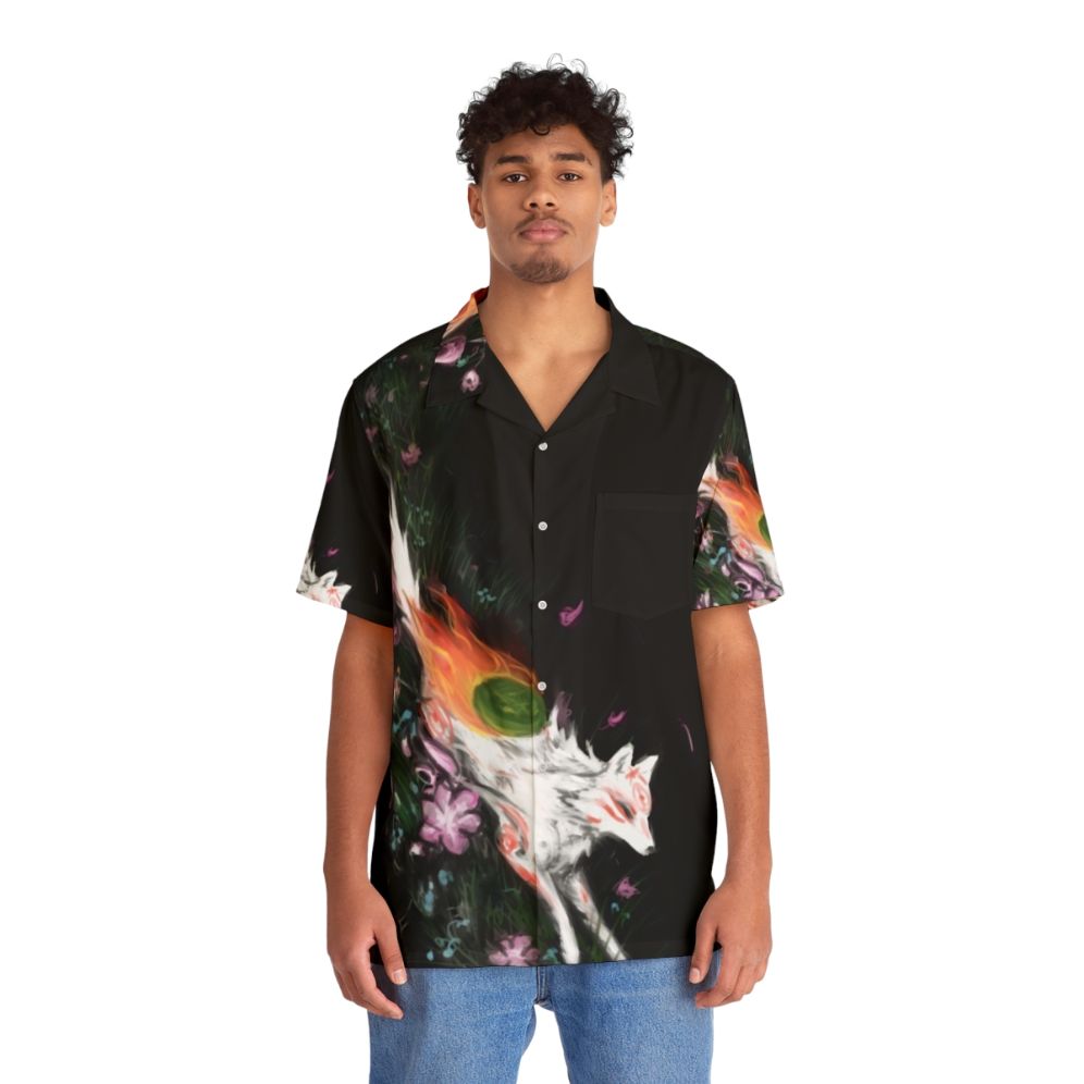 Okami inspired Hawaiian shirt featuring Amaterasu, Japanese wolf, and sakura flowers - People Front