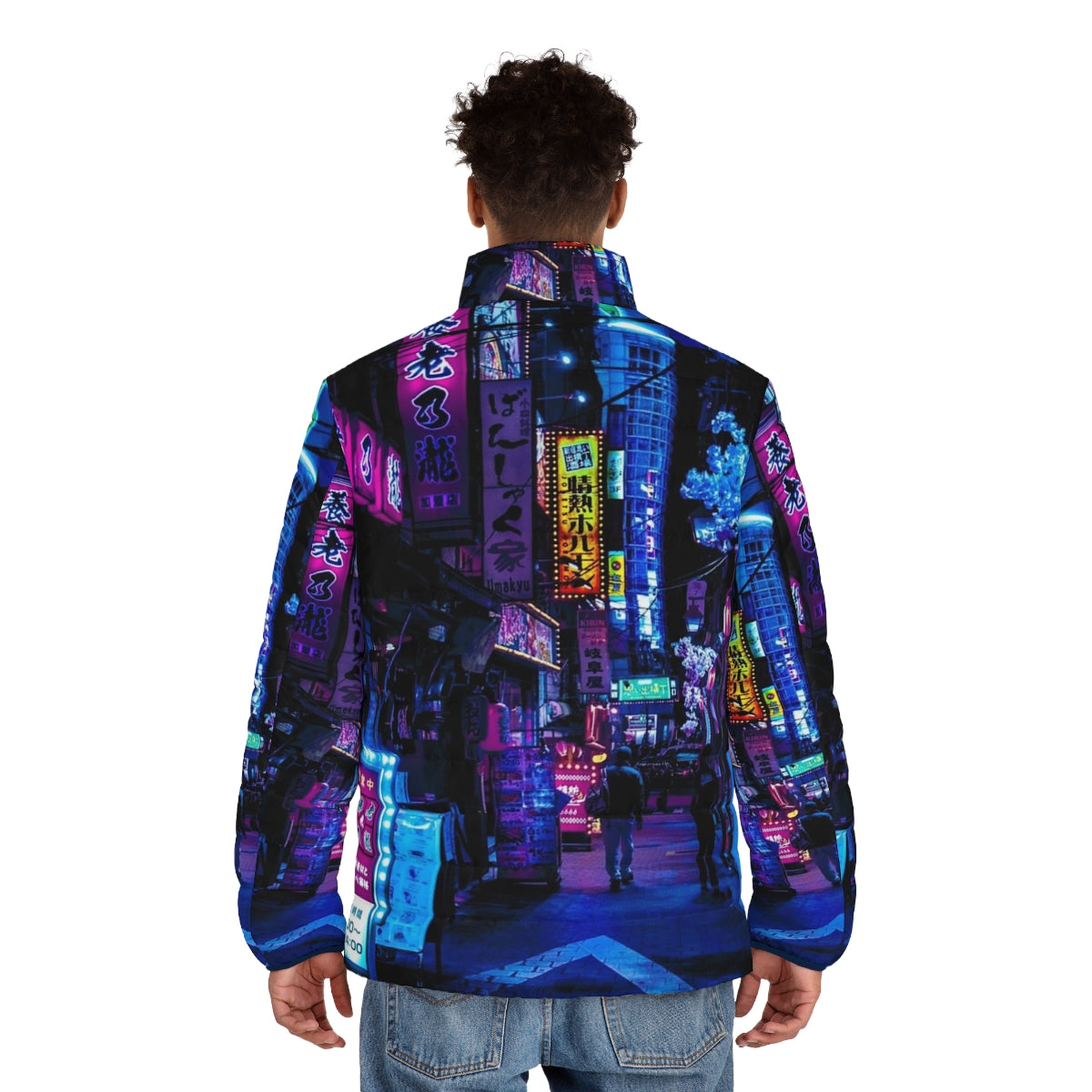 Blue puffer jacket with neon Tokyo alley print, futuristic urban fashion - men back