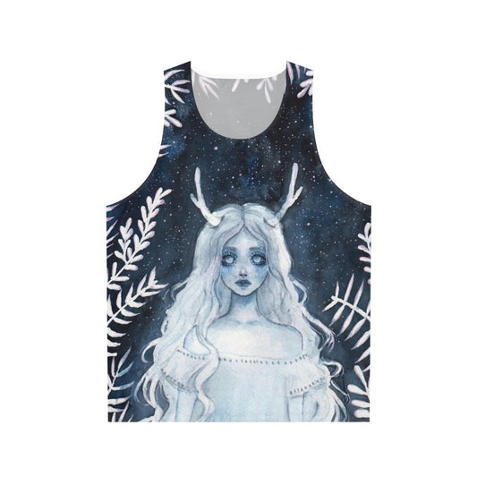 Unisex watercolor fantasy tank top with deer and starry night design