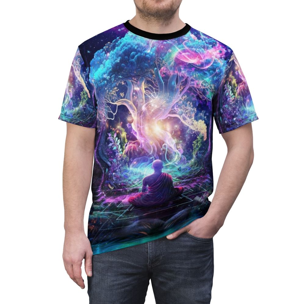 Visionary art t-shirt featuring a cosmic, jungle-inspired design with blue, neon, and spiritual elements. - men front