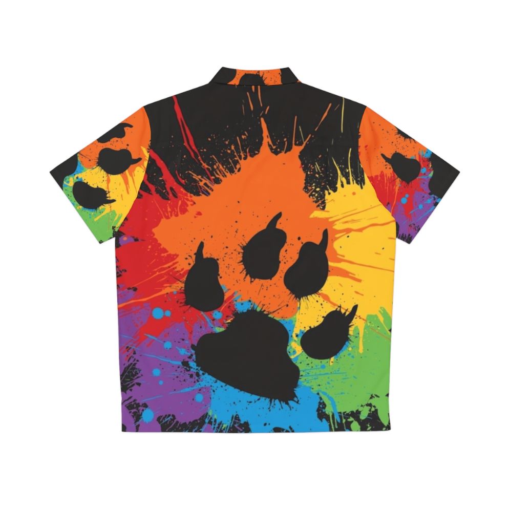 Colorful Hawaiian-style shirt featuring paw prints and rainbow pride design - Back