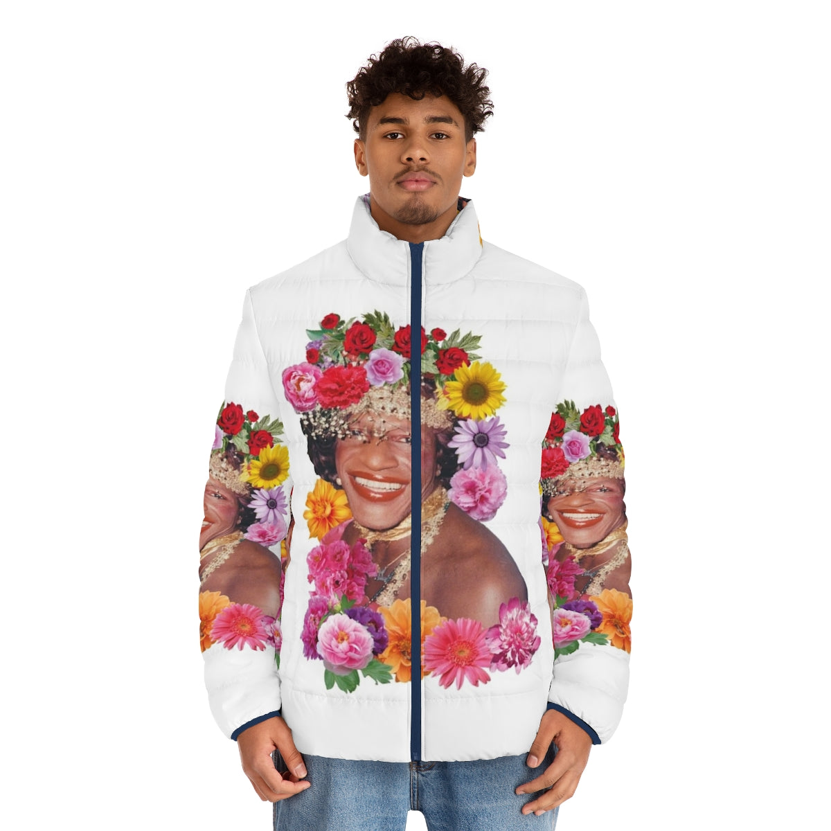 Flowerful Marsha P. Johnson inspired puffer jacket with flower power design - men front