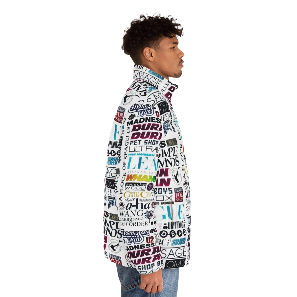 Retro 1980s-inspired puffer jacket with pop music logo design - men side right