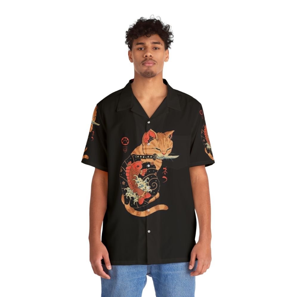 Retro Carp Tattooed Cat Hawaiian Shirt with Japanese-inspired Tattoo Design - People Front