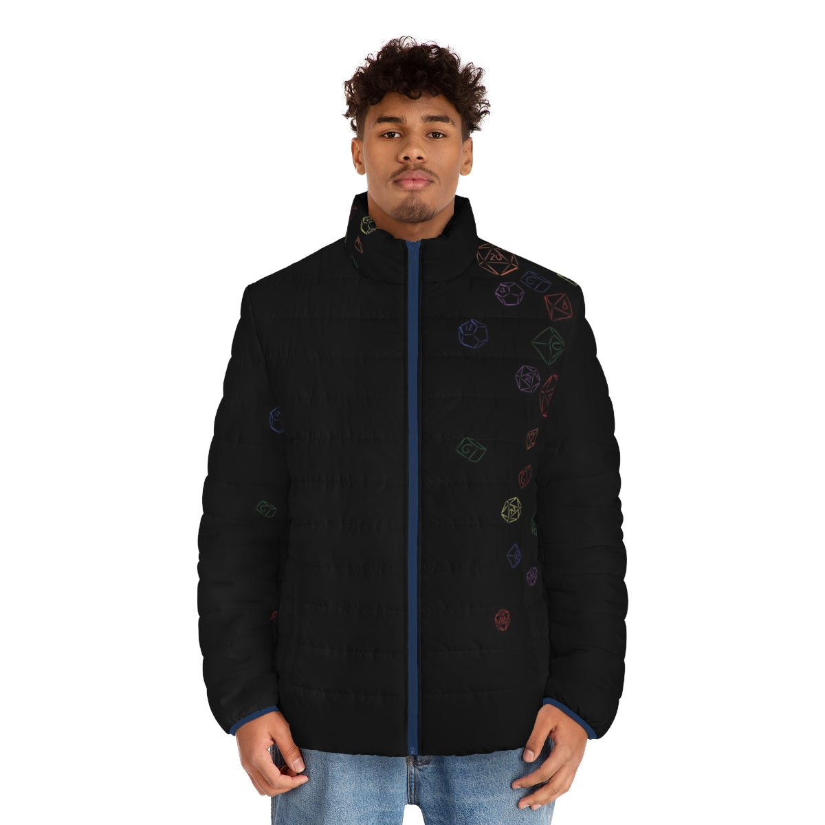 Colorful puffer jacket with cascading dice design, perfect for gaming enthusiasts - men front