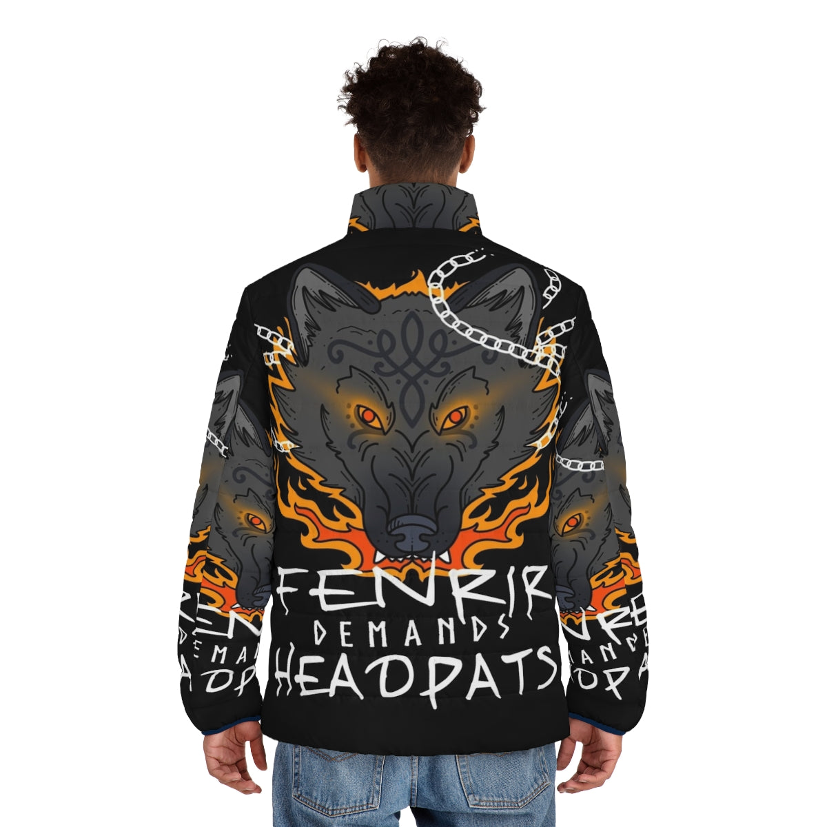 Fenrir, the mythical wolf from Norse mythology, graces this oversized puffer jacket for a bold winter look. - men back