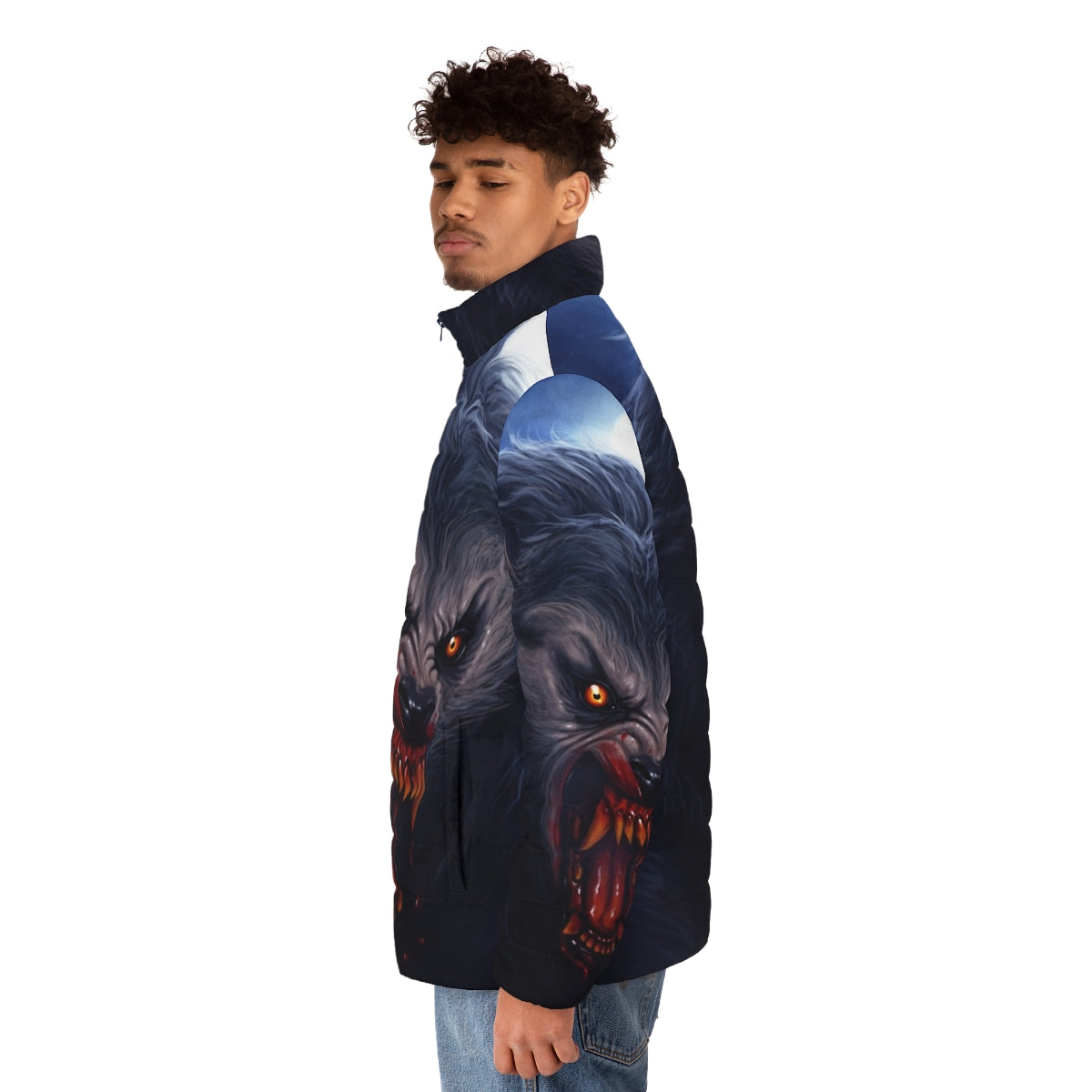 Beware the Moon Puffer Jacket featuring a classic werewolf design - men side left