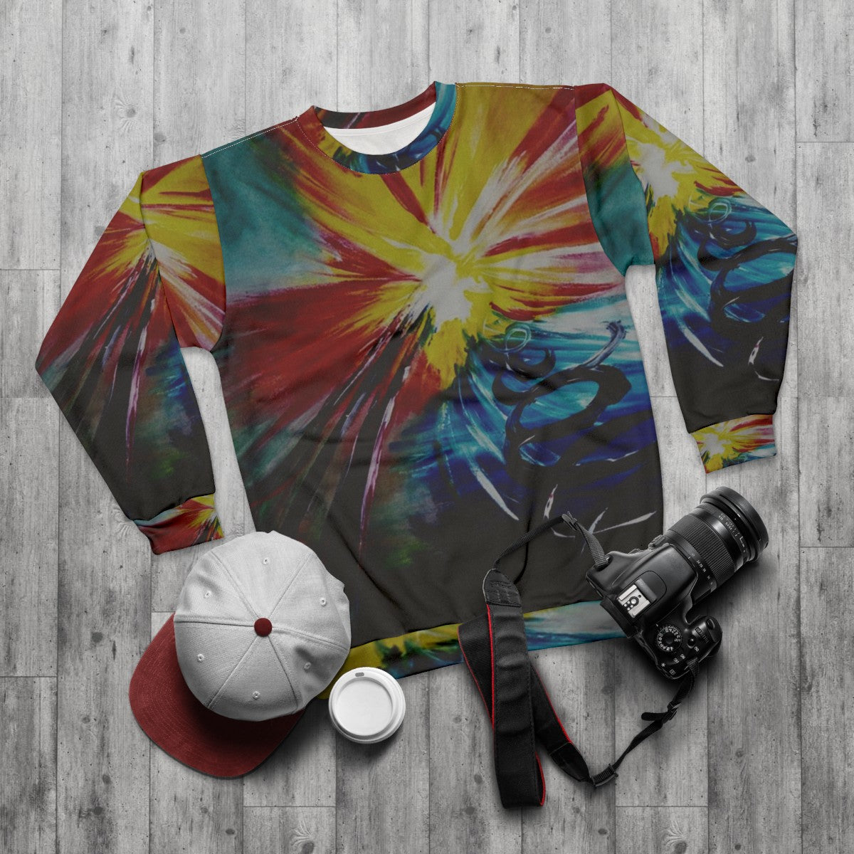 Bipolar Sweatshirt with Abstract Artistic Design Depicting Emotional Extremes - flat lay