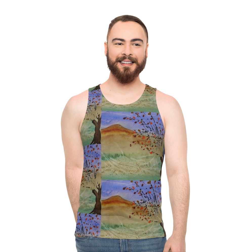 Windswept unisex tank top featuring a scenic landscape - men