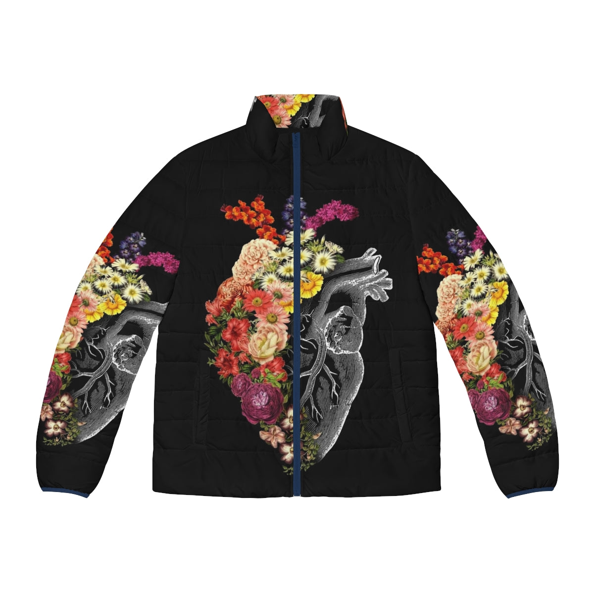 Flower Heart Puffer Jacket featuring a vintage-inspired floral and botanical anatomical heart design