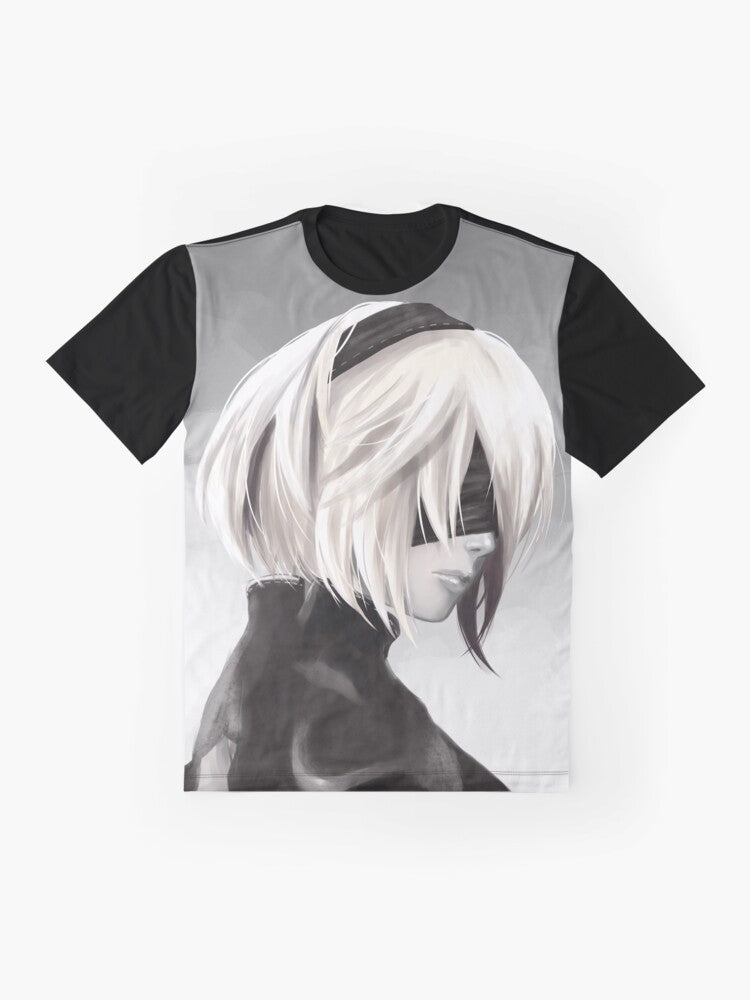 2B Graphic T-Shirt featuring a digital illustration of the character 2B from the video game Nier Automata - Flat lay