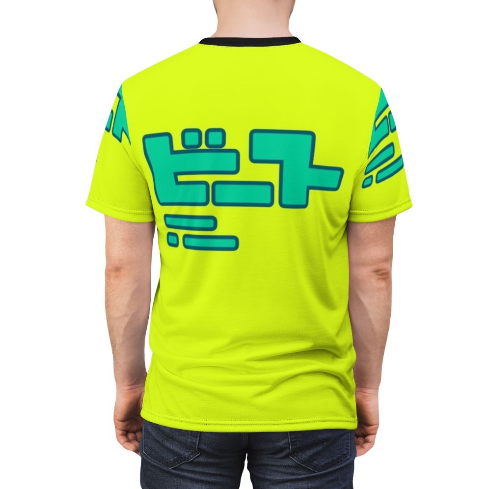 Stylized t-shirt design inspired by the Japanese video game Jet Set Radio Future, featuring the player character, graffiti, and retro aesthetic. - men back