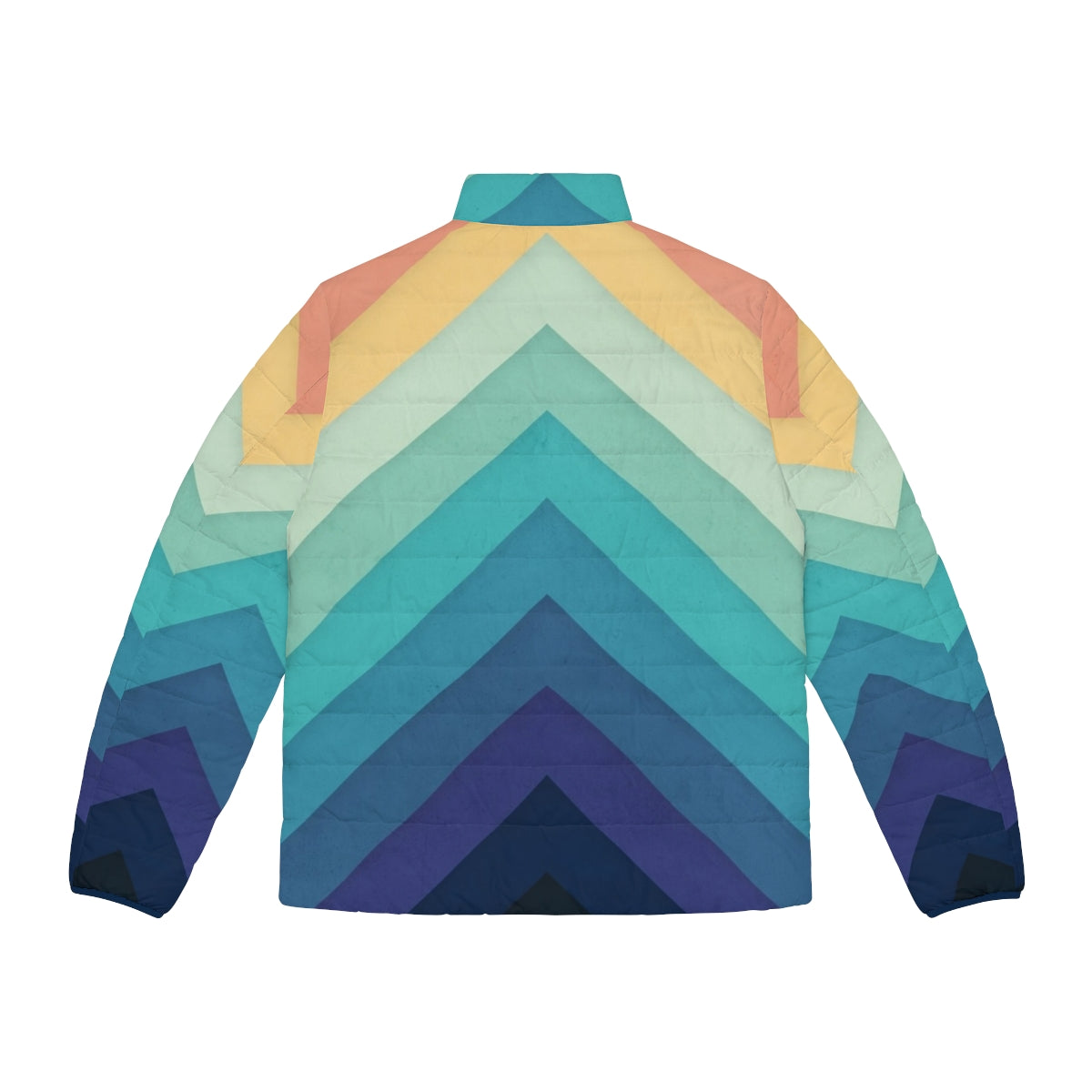 Retro puffer jacket with bold chevron pattern in vibrant rainbow colors - Back