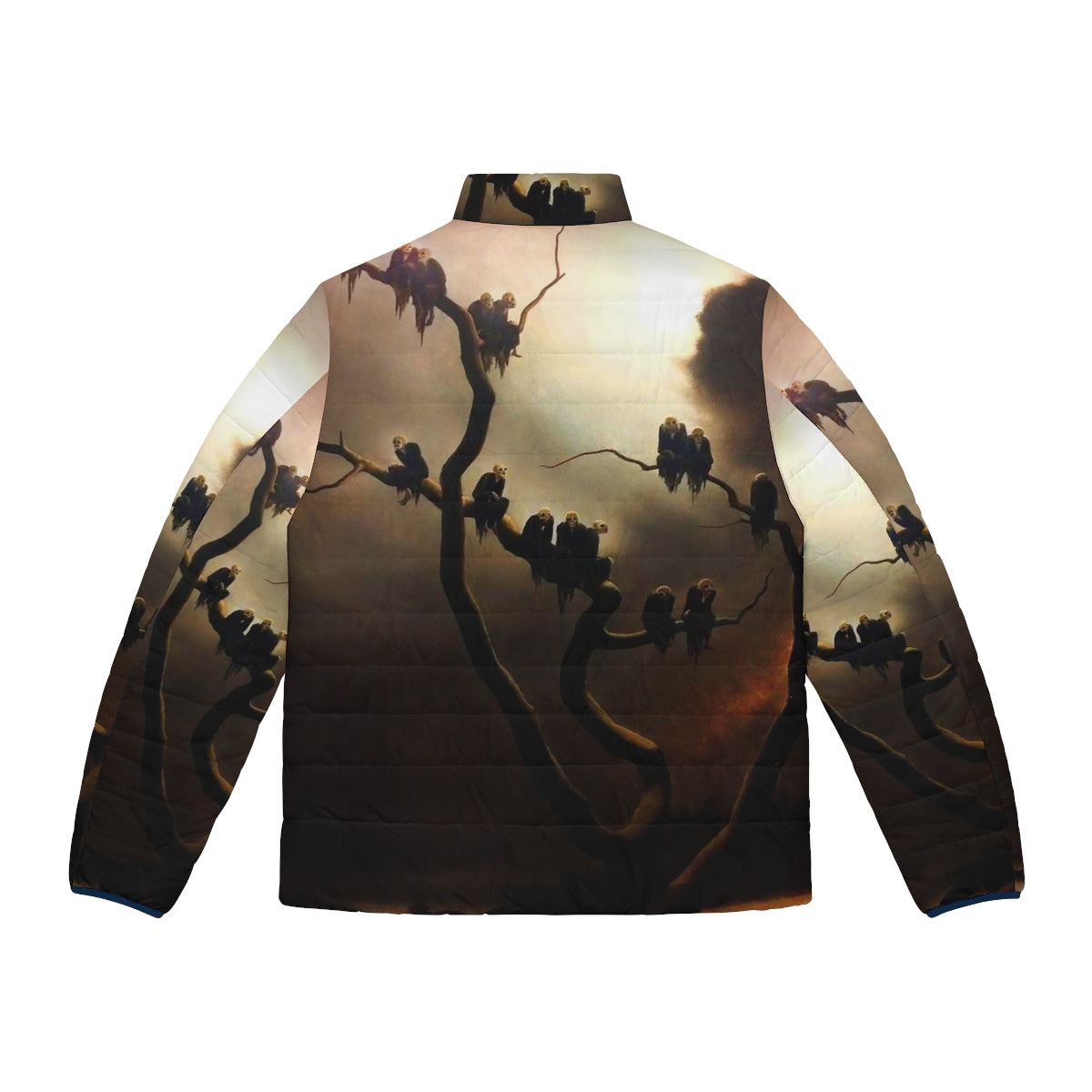 Retro puffer jacket with a surreal, haunting design featuring ghostly figures in a tree - Back