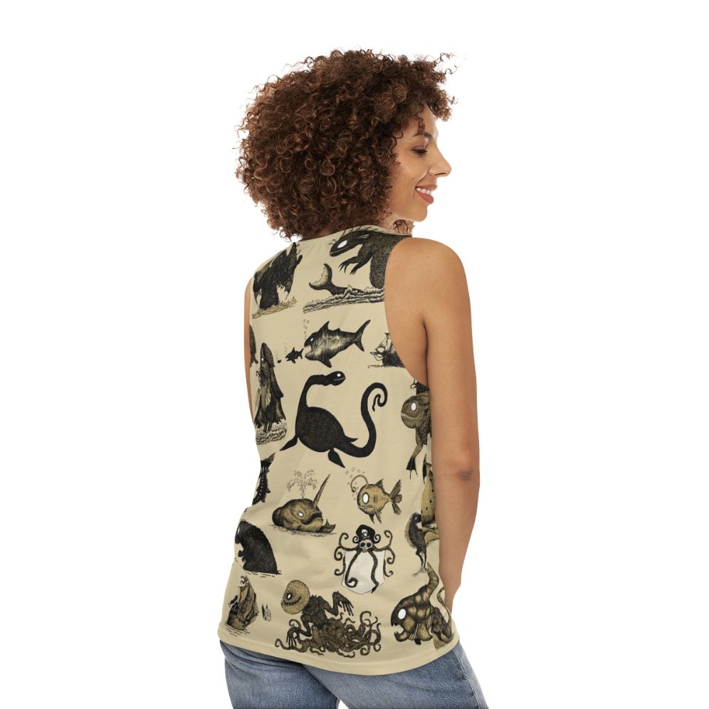 Unisex tank top with a pattern of mythical sea creatures - women back