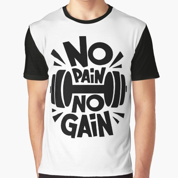 Motivational graphic t-shirt with inspirational text and fitness icons