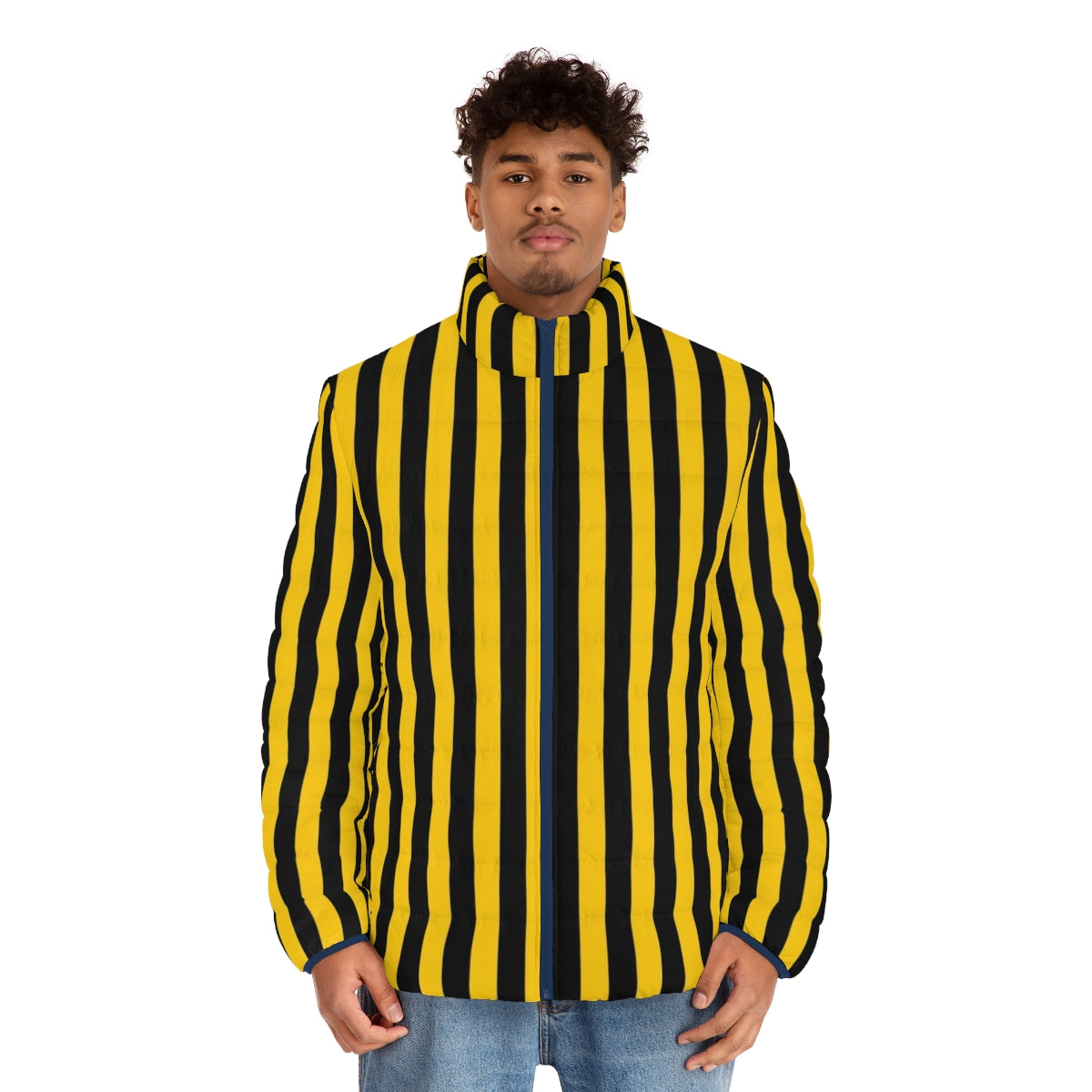 Yellow and black striped puffer jacket - men front