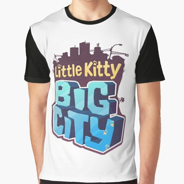 Little Kitty exploring the Big City in an adventure video game graphic t-shirt design