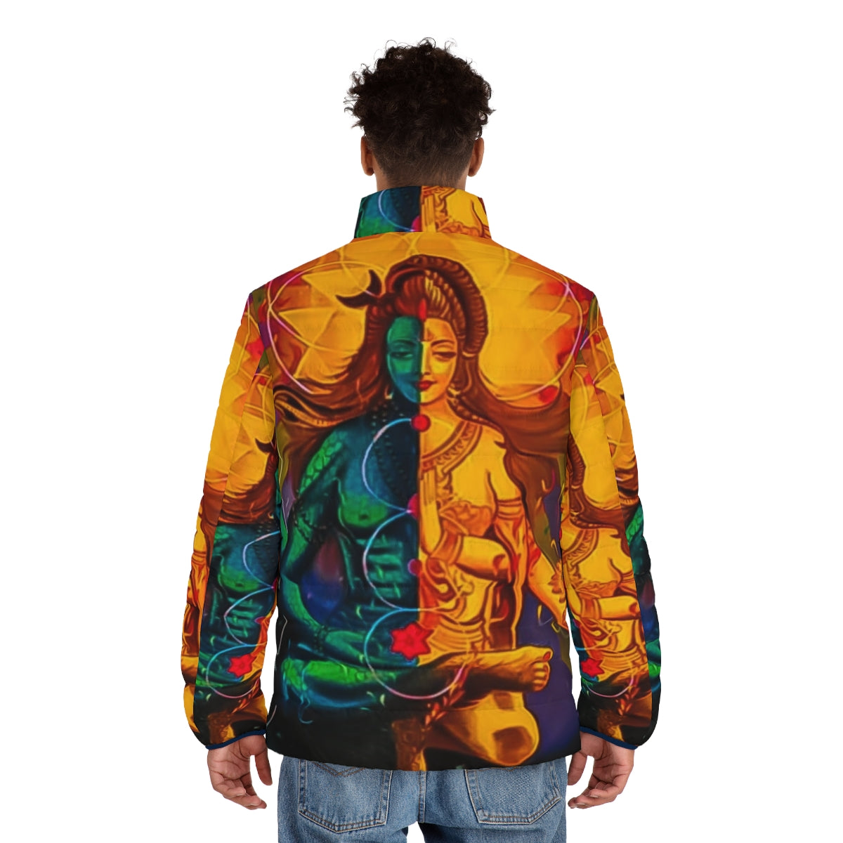 Shivshakti puffer jacket featuring Hindu deities Shiva and Parvati - men back