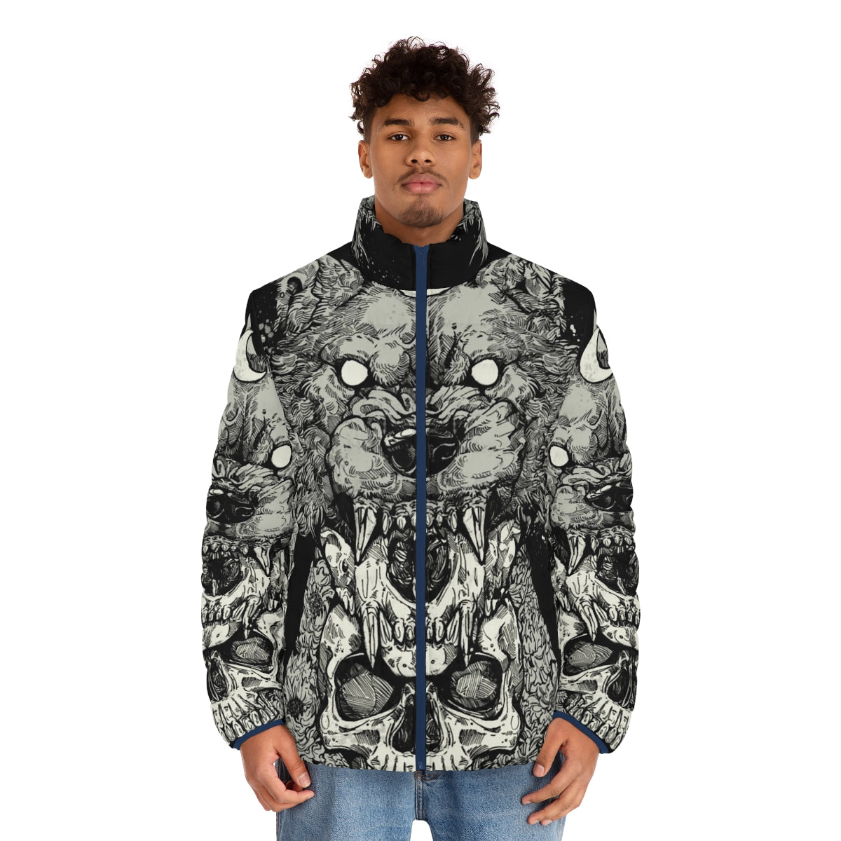 A sleek, black puffer jacket with a gothic, edgy design featuring a wolf and skull motif - men front