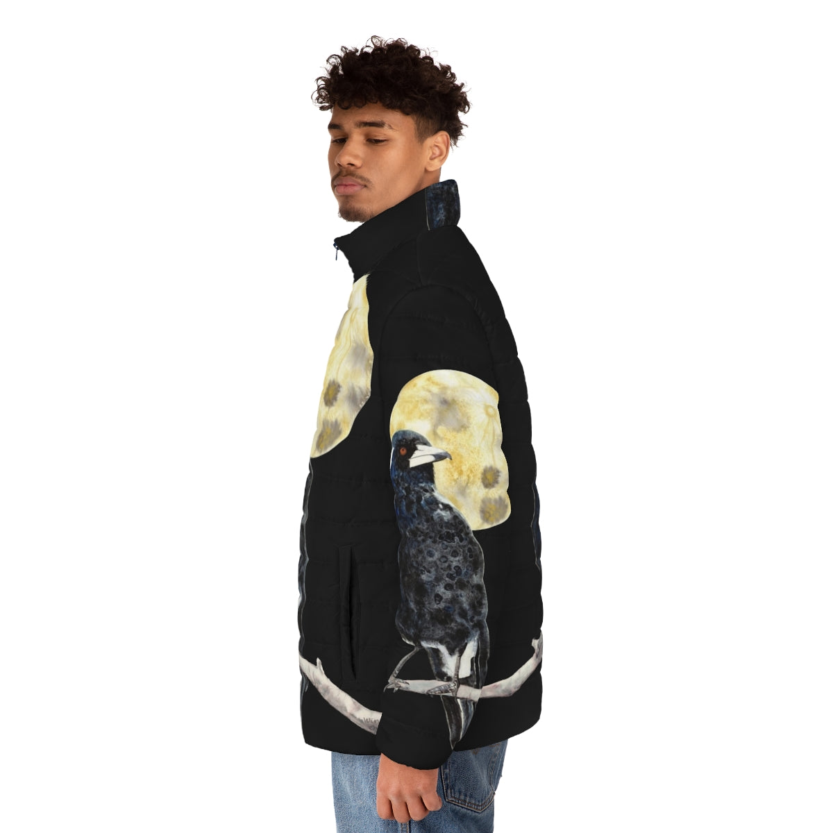 Moonlit Magpie Puffer Jacket featuring an illustration of an Australian magpie - men side left