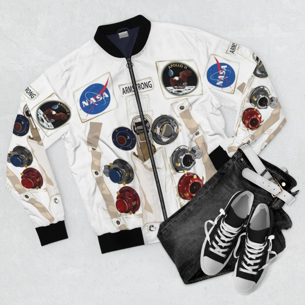 Vintage NASA Astronaut Spacesuit Bomber Jacket with Neil Armstrong Graphic - Flat lay