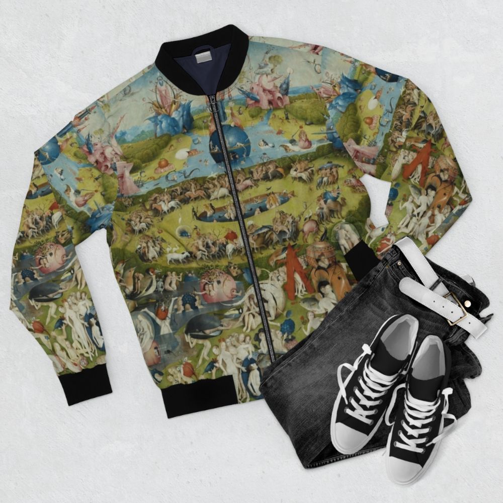 Hieronymus Bosch inspired bomber jacket featuring The Garden of Earthly Delights - Flat lay