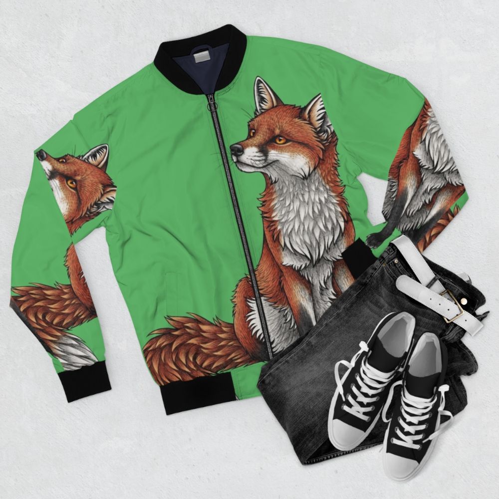 A red fox printed on a stylish bomber jacket - Flat lay