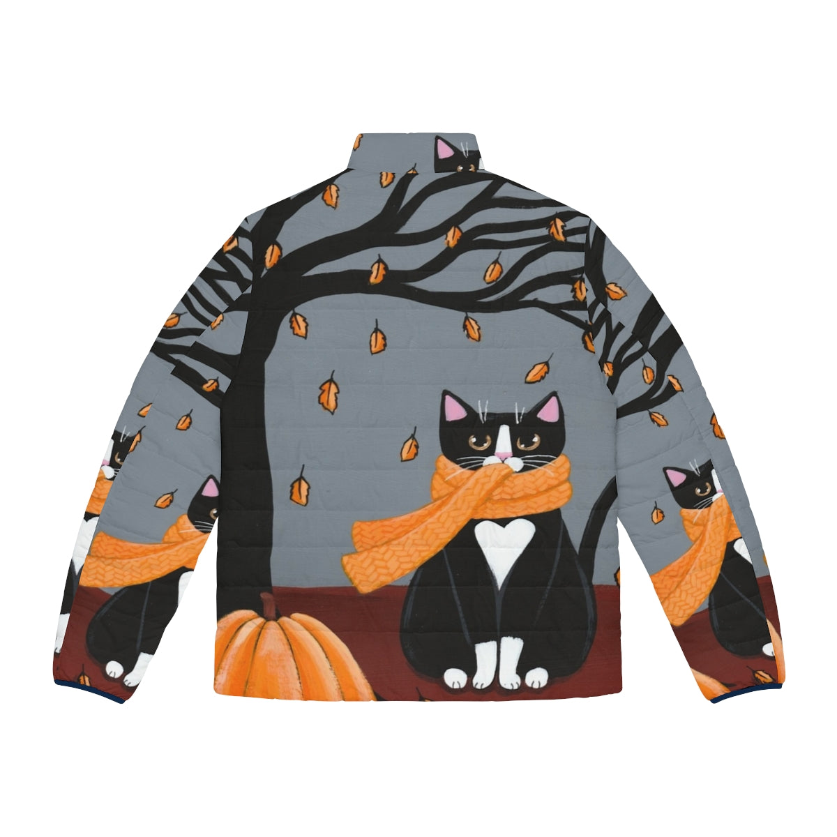 Autumn tuxedo cat wearing a puffer jacket - Back